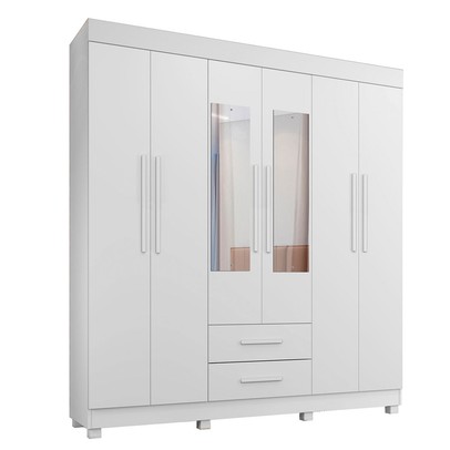 Guarda-Roupa Casal Golfo 6 Portas 2 Gavetas com Espelho Branco - Pnr Móveis