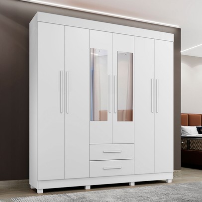 Guarda-Roupa Casal Golfo 6 Portas 2 Gavetas com Espelho Branco - Pnr Móveis