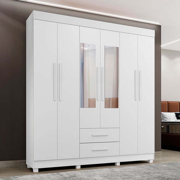 Guarda-Roupa Casal Golfo 6 Portas 2 Gavetas com Espelho Branco - Pnr Móveis