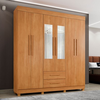 Guarda-Roupa Casal Golfo 6 Portas 2 Gavetas com Espelho Cinamomo - Pnr Móveis