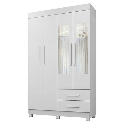 Guarda-Roupa Solteiro Malta 4 Portas 2 Gavetas com Espelho Branco - Pnr Móveis
