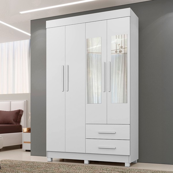 Guarda-Roupa Solteiro Malta 4 Portas 2 Gavetas com Espelho Branco - Pnr Móveis