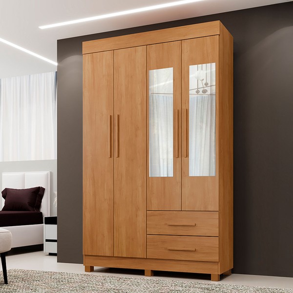 Guarda-Roupa Solteiro Malta 4 Portas 2 Gavetas com Espelho Cinamomo - Pnr Móveis