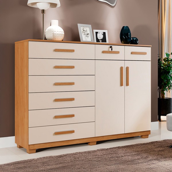 Cômoda Bali 8 Gavetas 2 Portas Cinamomo/Off White - Pnr Móveis