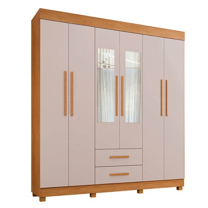 Guarda-Roupa Casal Golfo 6 Portas 2 Gavetas com Espelho Cinamomo/Off White - Pnr Móveis