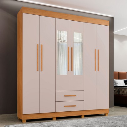 Guarda-Roupa Casal Golfo 6 Portas 2 Gavetas com Espelho Cinamomo/Off White - Pnr Móveis