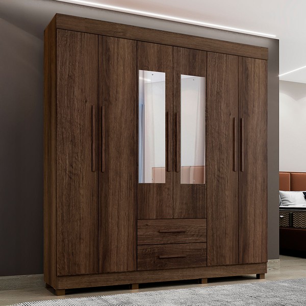 Guarda-Roupa Casal Golfo 6 Portas 2 Gavetas com Espelho Imbuia - Pnr Móveis
