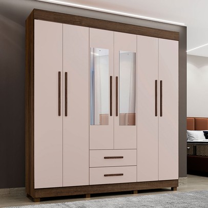 Guarda-Roupa Casal Golfo 6 Portas 2 Gavetas com Espelho Imbuia/Off White - Pnr Móveis