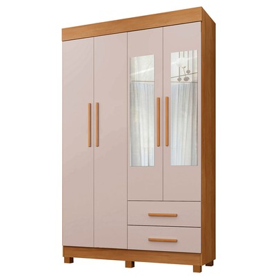 Guarda-Roupa Solteiro Malta 4 Portas 2 Gavetas com Espelho Cinamomo/Off White - Pnr Móveis