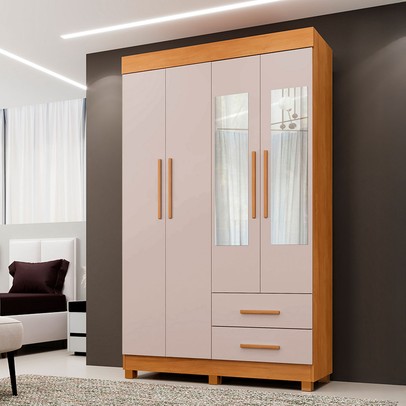 Guarda-Roupa Solteiro Malta 4 Portas 2 Gavetas com Espelho Cinamomo/Off White - Pnr Móveis