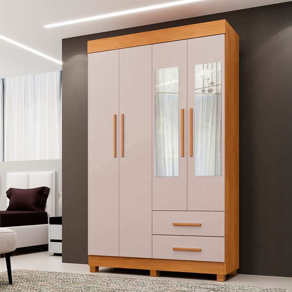 Guarda-Roupa Solteiro Malta 4 Portas 2 Gavetas com Espelho Cinamomo/Off White - Pnr Móveis