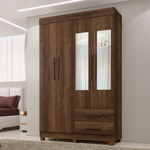 Guarda-Roupa Solteiro Malta 4 Portas 2 Gavetas com Espelho Imbuia - Pnr Móveis