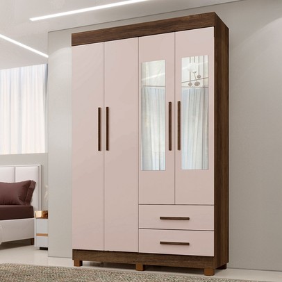Guarda-Roupa Solteiro Malta 4 Portas 2 Gavetas com Espelho Imbuia/Off White - Pnr Móveis