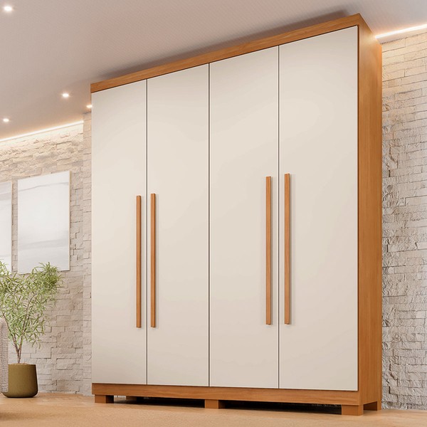 Guarda-Roupa Solteiro Lille 4 Portas 3 Gavetas Cinamomo/Off White - Pnr Móveis