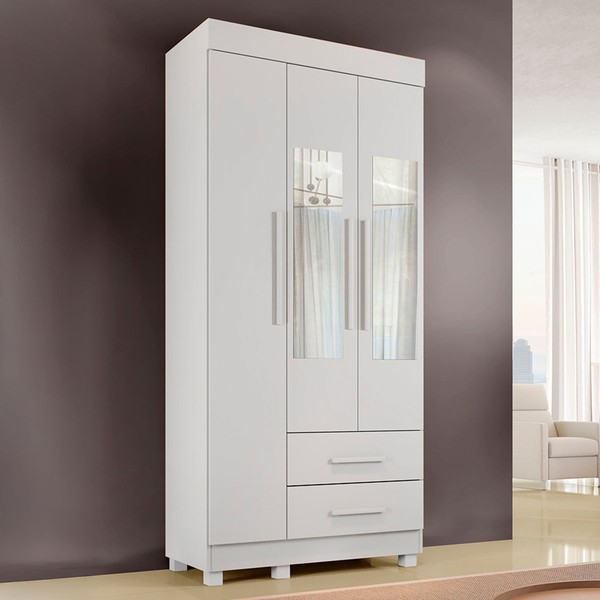 Guarda-Roupa Solteiro Orleans 3 Portas 2 Gavetas com Espelho Branco - Pnr Móveis
