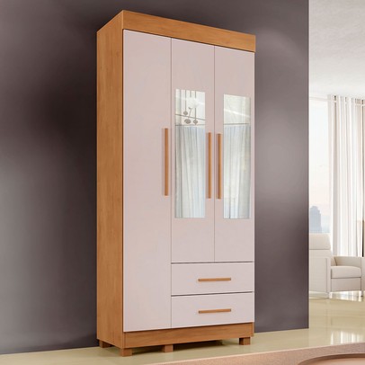 Guarda-Roupa Solteiro Orleans 3 Portas 2 Gavetas com Espelho Cinamomo/Off White - Pnr Móveis