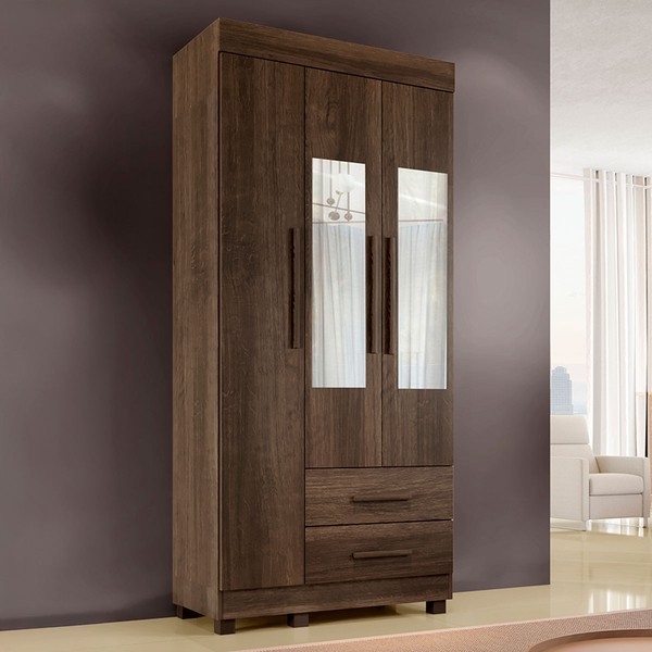 Guarda-Roupa Solteiro Orleans 3 Portas 2 Gavetas com Espelho Imbuia - Pnr Móveis