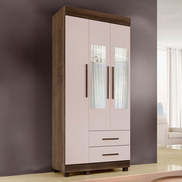 Guarda-Roupa Solteiro Orleans 3 Portas 2 Gavetas com Espelho Imbuia/Off White - Pnr Móveis