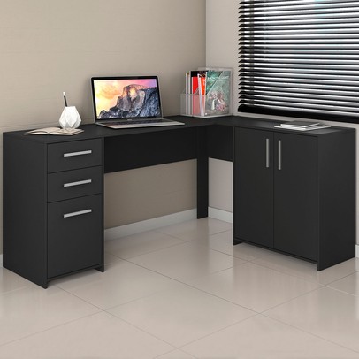 Mesa para Escritório 2 Portas 3 Gavetas Mirage Preto Tx - Pnr Móveis