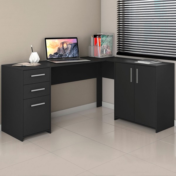 Mesa para Escritório 2 Portas 3 Gavetas Mirage Preto Tx - Pnr Móveis