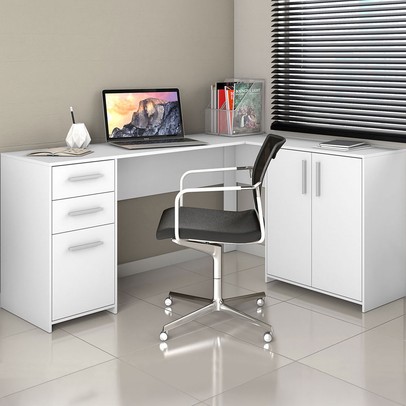 Mesa para Escritório 2 Portas 3 Gavetas Mirage Branco New - Pnr Móveis