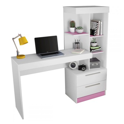Mesa para Computador 2 Gavetas Cartel Branco/Rosa - Pnr Móveis