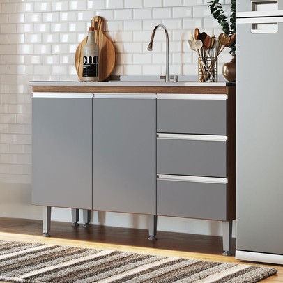 Balcão de Cozinha para Pia Athena 2 Portas 3 Gavetas Freijó/Cinza - Irm Móveis