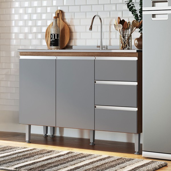 Balcão de Cozinha para Pia Athena 2 Portas 3 Gavetas Freijó/Cinza - Irm Móveis