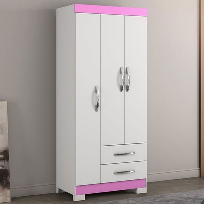 Guarda-Roupa Infantil Bella 3 Portas 2 Gavetas Flex Rosa/Branco - Pnr Móveis