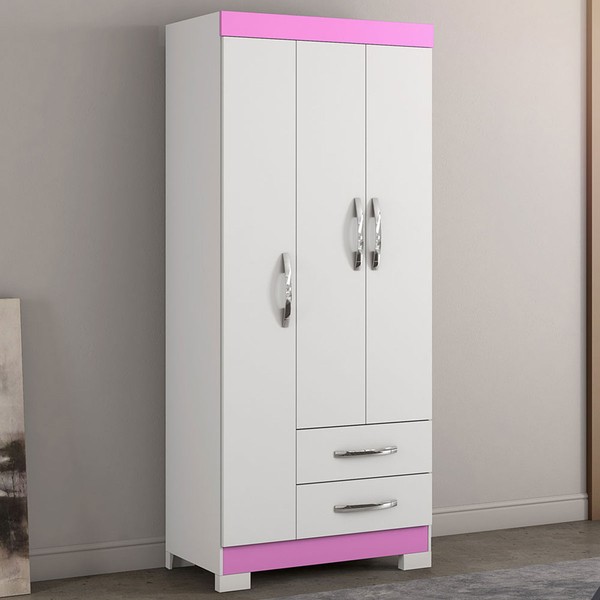 Guarda-Roupa Infantil Bella 3 Portas 2 Gavetas Flex Rosa/Branco - Pnr Móveis