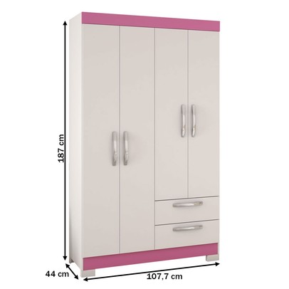 Guarda-Roupa Infantil 4 Portas 2 Gavetas Essen Flex Rosa/Branco - Pnr Móveis