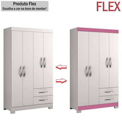Guarda-Roupa Infantil 4 Portas 2 Gavetas Essen Flex Rosa/Branco - Pnr Móveis