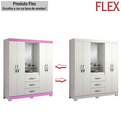 Guarda-Roupa Infantil 4 Portas 3 Gavetas Essen com Espelho Flex Rosa/Branco - Pnr Móveis