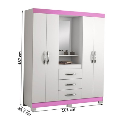 Guarda-Roupa Infantil 4 Portas 3 Gavetas Essen com Espelho Flex Rosa/Branco - Pnr Móveis