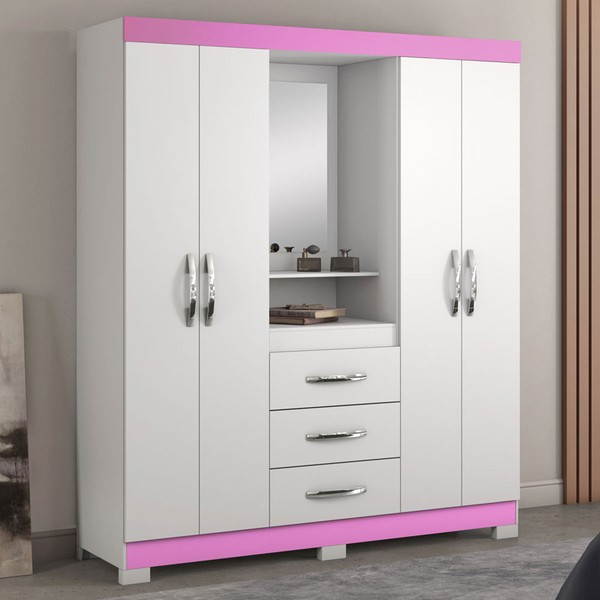 Guarda-Roupa Infantil 4 Portas 3 Gavetas Essen com Espelho Flex Rosa/Branco - Pnr Móveis