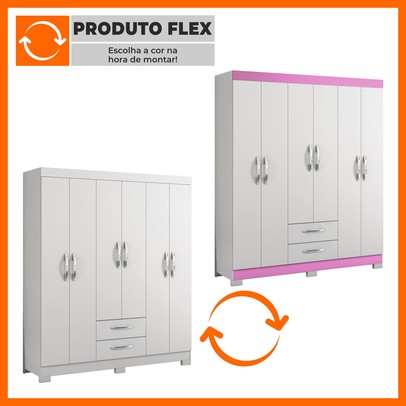 Guarda-Roupa Casal Estelar 6 Portas 2 Gavetas Branco New/Rosa - Pnr Móveis