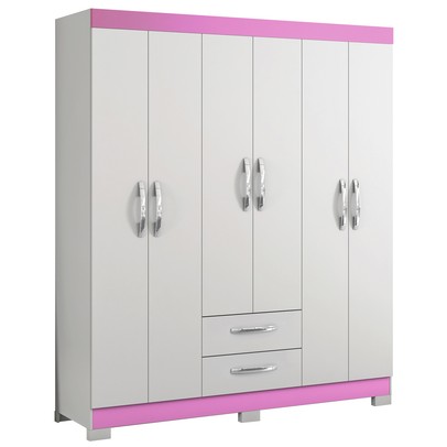 Guarda-Roupa Casal Estelar 6 Portas 2 Gavetas Branco New/Rosa - Pnr Móveis