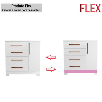 Cômoda Leone 1 Porta 4 Gavetas Flex Branco New/Rosa - Pnr Móveis