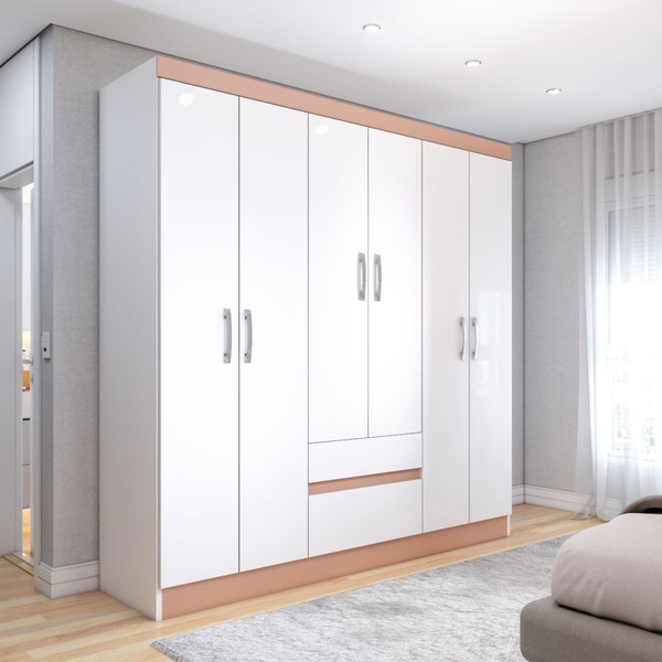 Guarda-Roupa Casal Las Vegas 6 Portas 2 Gavetas Branco/Camarim - Panorama Móveis
