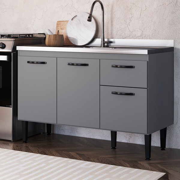 Balcão de Cozinha para Pia 3 Portas 1 Gaveta Cinza - Irm Móveis