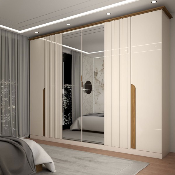 Guarda Roupa de Casal com Espelho 6 Portas 6 Gavetas Monumental Off White/Nature - Panorama Móveis