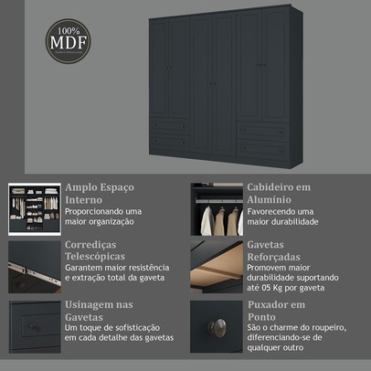 Guarda-Roupa Casal Fort 6 Portas 4 Gavetas 100% Mdf Grafite - Manbel