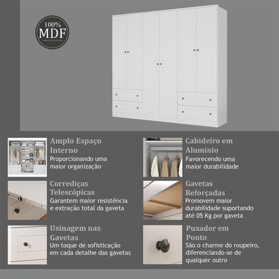 Guarda-Roupa Casal Fort 6 Portas 4 Gavetas 100% Mdf Branco - Manbel