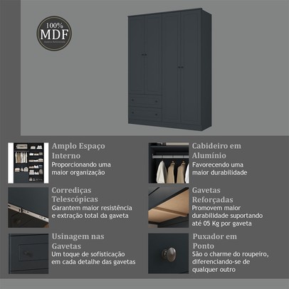 Guarda-Roupa Casal Fort 4 Portas 2 Gavetas 100% Mdf Grafite - Manbel