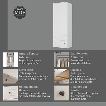 Guarda-Roupa Solteiro Fort 2 Portas 2 Gavetas 100% Mdf Branco - Manbel