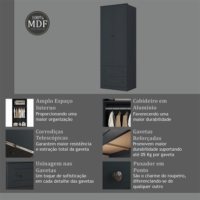 Guarda-Roupa Solteiro Fort 2 Portas 2 Gavetas 100% Mdf Grafite - Manbel