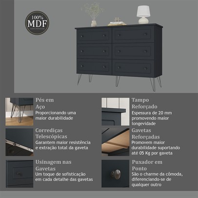 Cômoda Fort 6 Gavetas 100% Mdf Grafite - Manbel