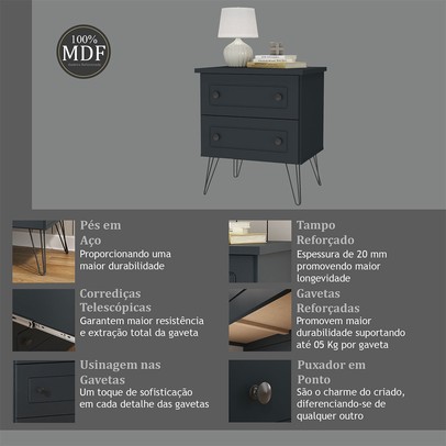 Mesa de Cabeceira Fort 2 Gavetas 100% Mdf Grafite - Manbel