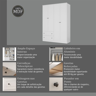 Guarda-Roupa Infantil Girassol 4 Portas 2 Gavetas 100% Mdf Branco - Manbel