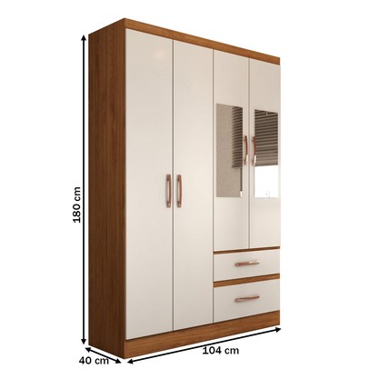 Guarda-Roupa Solteiro São Francisco 4 Portas 2 Gavetas com Espelho Off White/Nogueira - Panorama Móveis